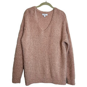 New Directions Womens Eyelash Knit Sweater Large Pink V-Neck Pullover